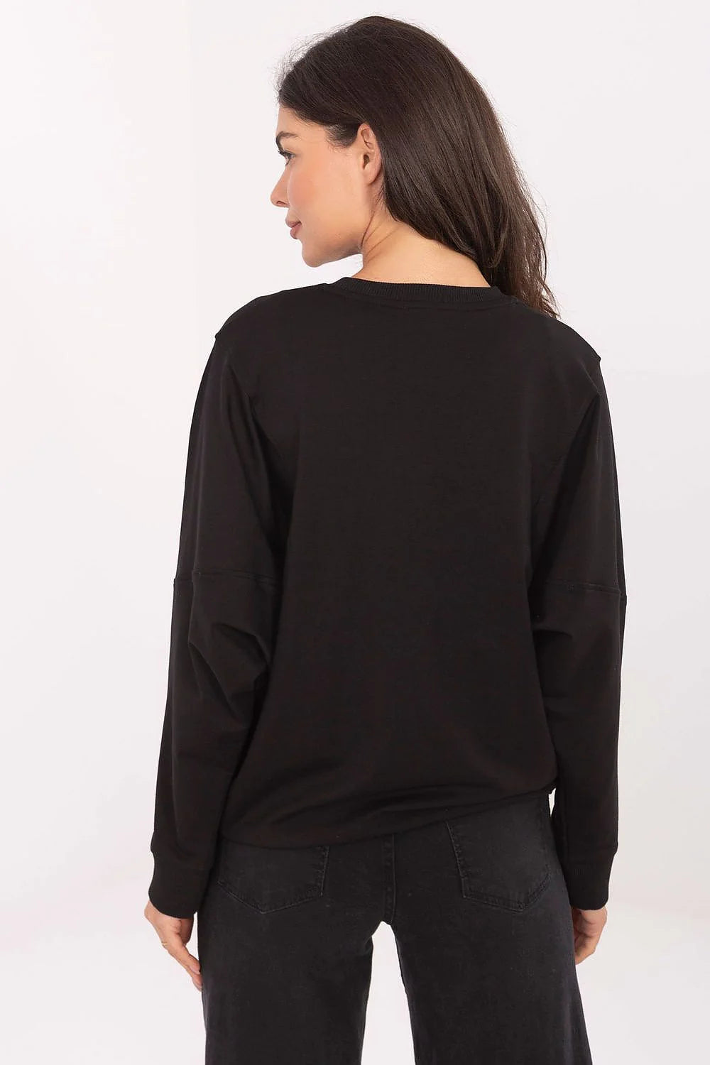 sweatshirt femme oversize noir col rond manches longues coton mélangé molleton doux élasthanne bords côtes patch logo blanc minimaliste