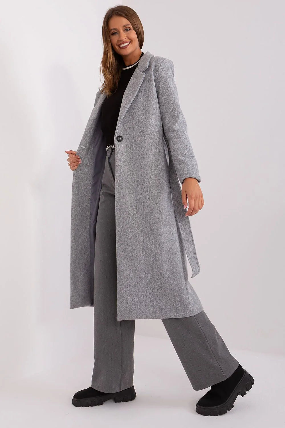 Manteau féminin classique élégant longueur midi manches longues col à revers cranté fermeture unique couleur grise clair doublure intérieure polyester