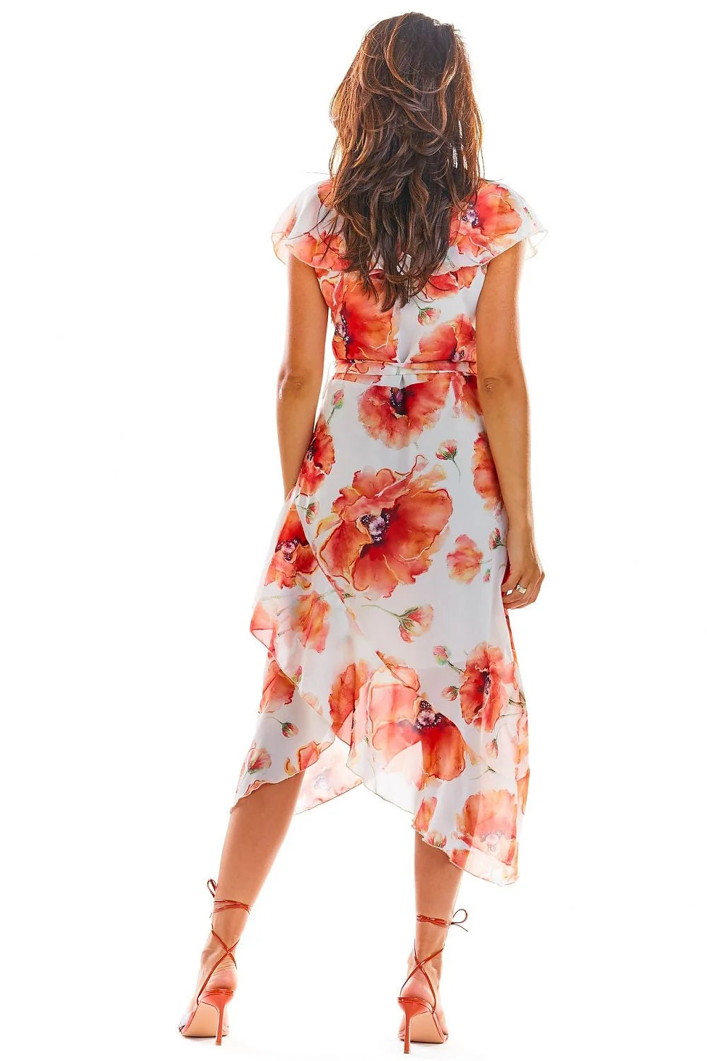 Robe de cocktail élégante asymétrique en mousseline floral manches courtes décolleté V ceinture ajustable femme