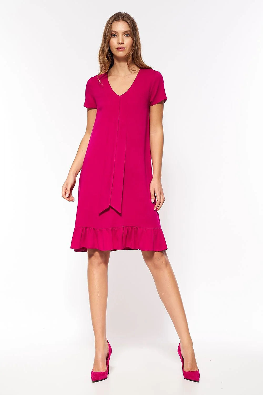 Robe de jour Nife design épuré élégant viscose spandex coupe droite genoux décolleté V nœud central manches courtes style décontracté semi-formel couleur rouge garde-robe moderne femme
