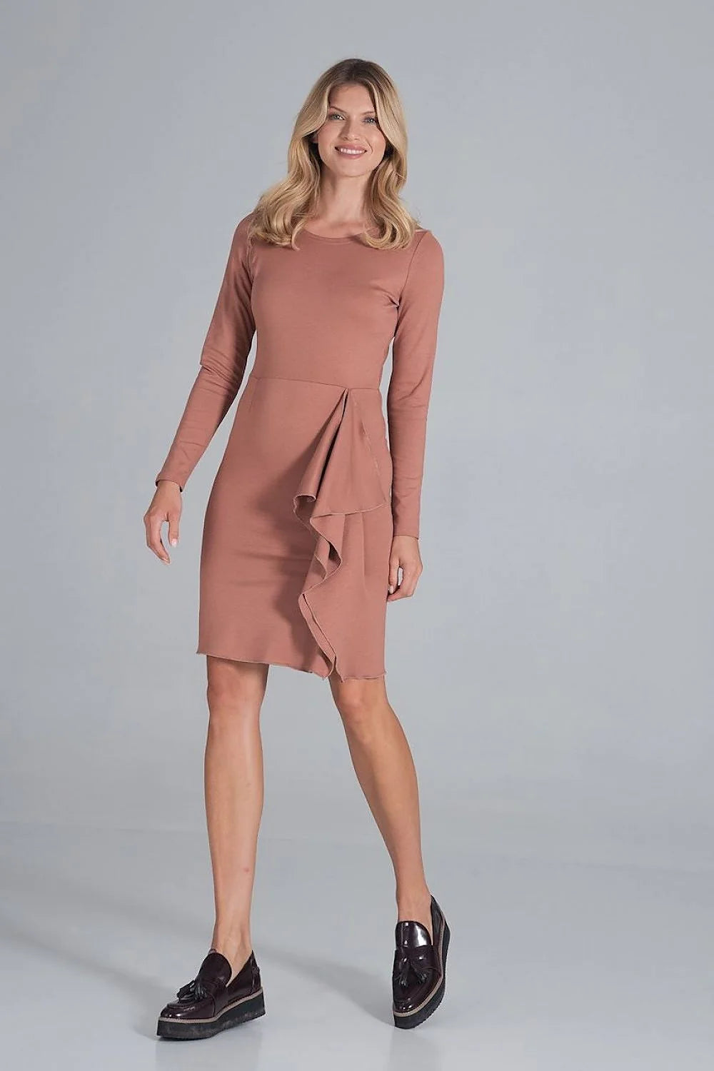 Robe élégante tissu uni drapé chic manches longues couleur rose pâle soirée femmes