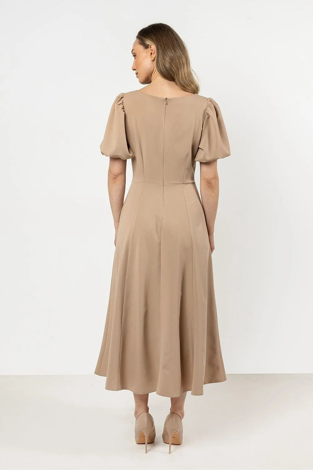 Robe de jour élégante en viscose beige, coupe A, manches bouffantes, occasion polyvalente pour femme