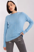 Chandail maille femme design élégant coupe ample col rond manches longues poignet resserré finitions côtelées bleu ciel