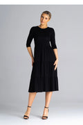 robe midi noire Figl manches troisquarts encolure ronde taille ajustable fronces paliers jersey extensible silhouette évasée confortable polyvalente