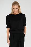 chemisier oversize col rond manches courtes plis poignet taille haute coupe ample casual chic noir maille