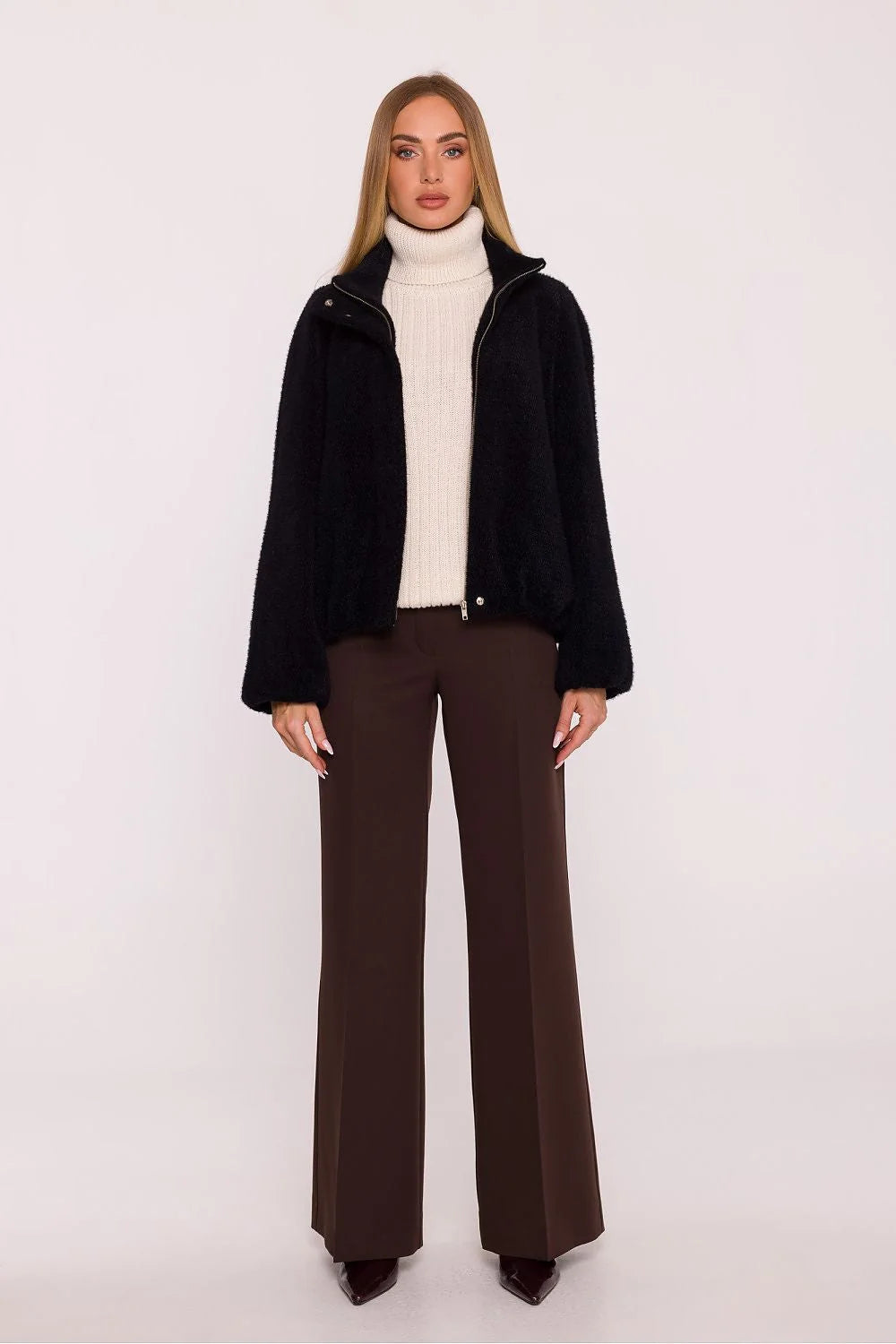 veste femme tricot doux poil court doublée col montant fermeture éclair boutons pression manches raglan larges poches latérales coupe oversize