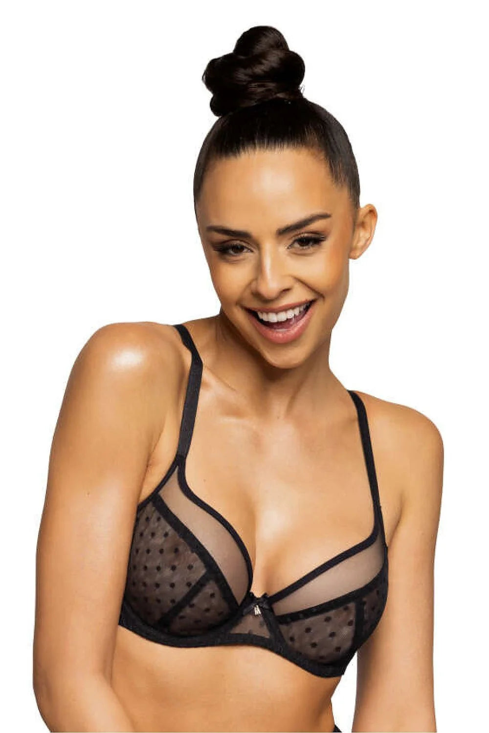 Soutien-gorge push-up élégant en tulle à pois Dotssy, noir, bonnets non rembourrés, bretelles ajustables, maintien optimal, mode féminine, vêtements intimes luxueux pour femmes