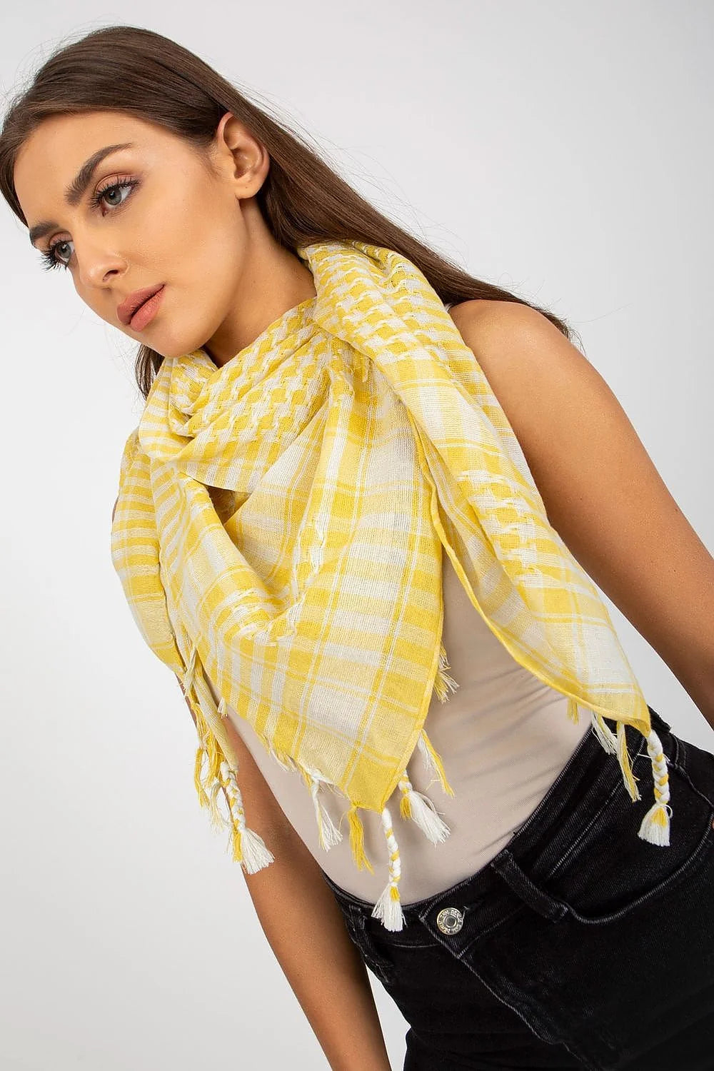 Foulard à carreaux et chevrons franges torsadées coton polyvalent femmes
