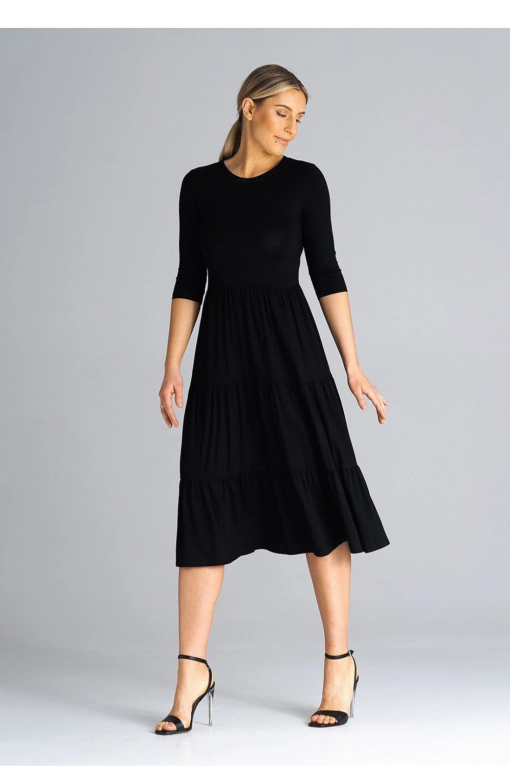 robe midi noire Figl manches troisquarts encolure ronde taille ajustable fronces paliers jersey extensible silhouette évasée confortable polyvalente