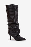 bottes hautes femme similicuir noir lisse tige froncée effet drapé bout pointu talon aiguille fin doublure fourrure synthétique chaude élégante