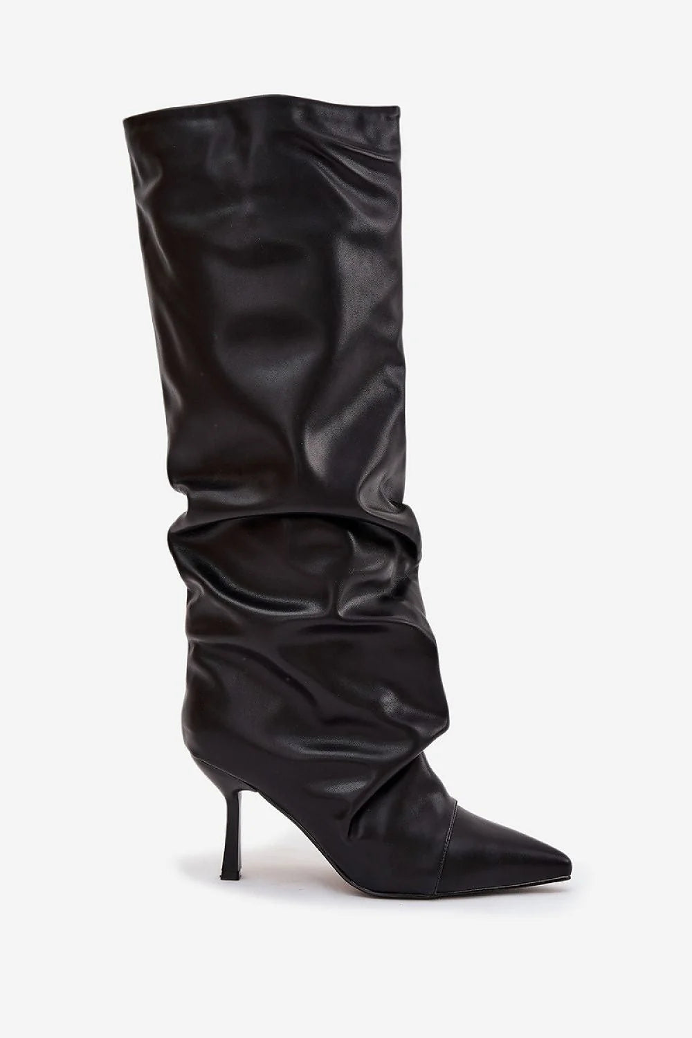 bottes hautes femme similicuir noir lisse tige froncée effet drapé bout pointu talon aiguille fin doublure fourrure synthétique chaude élégante