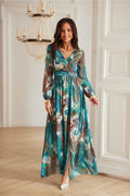 robe maxi Alessia fluide chiffon imprimé légère élégante cachecoeur décolleté ouverture avant manches longues bouffantes dos sensuelle noeud taille élastiquée