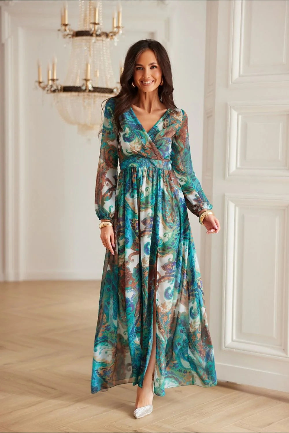 robe maxi Alessia fluide chiffon imprimé légère élégante cachecoeur décolleté ouverture avant manches longues bouffantes dos sensuelle noeud taille élastiquée