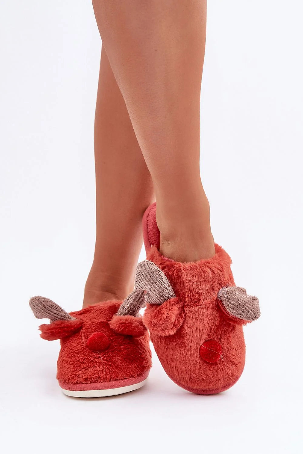 pantoufles femme fausse fourrure renne hiver noël confort original mule peluche corail rouge oreilles maille pompon nez semelle blanche plate