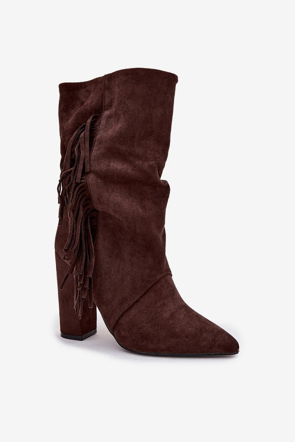 bottes mi mollet femme suédine marron talon colonne haut bout pointu effilé tige froncée franges western doublure fourrure chaude