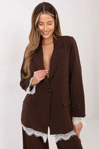 blazer femme marron micropois coupe longue col tailleur bouton poches rabat manches longues dentelle blanche strass doublée polyester