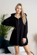 sweatshirt féminin Hajdan confortable capuche oversize ample longueur genoux coton élasthanne molleton doux demi zip cordon serrage manches longues épuré