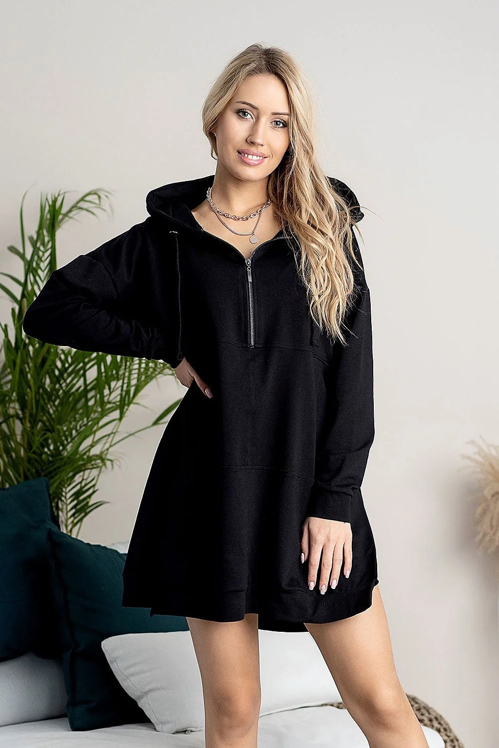 sweatshirt féminin Hajdan confortable capuche oversize ample longueur genoux coton élasthanne molleton doux demi zip cordon serrage manches longues épuré