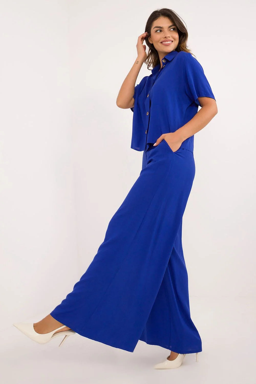 Ensemble Lakerta élégant et confortable viscose bleu vif manches courtes taille haute pantalons larges femmes