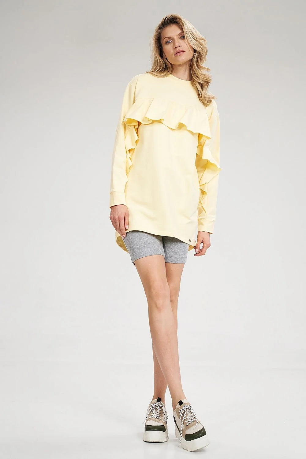 Ensemble femme coton élasthanne style décontracté élégant haut manches longues volants short tendance confortable