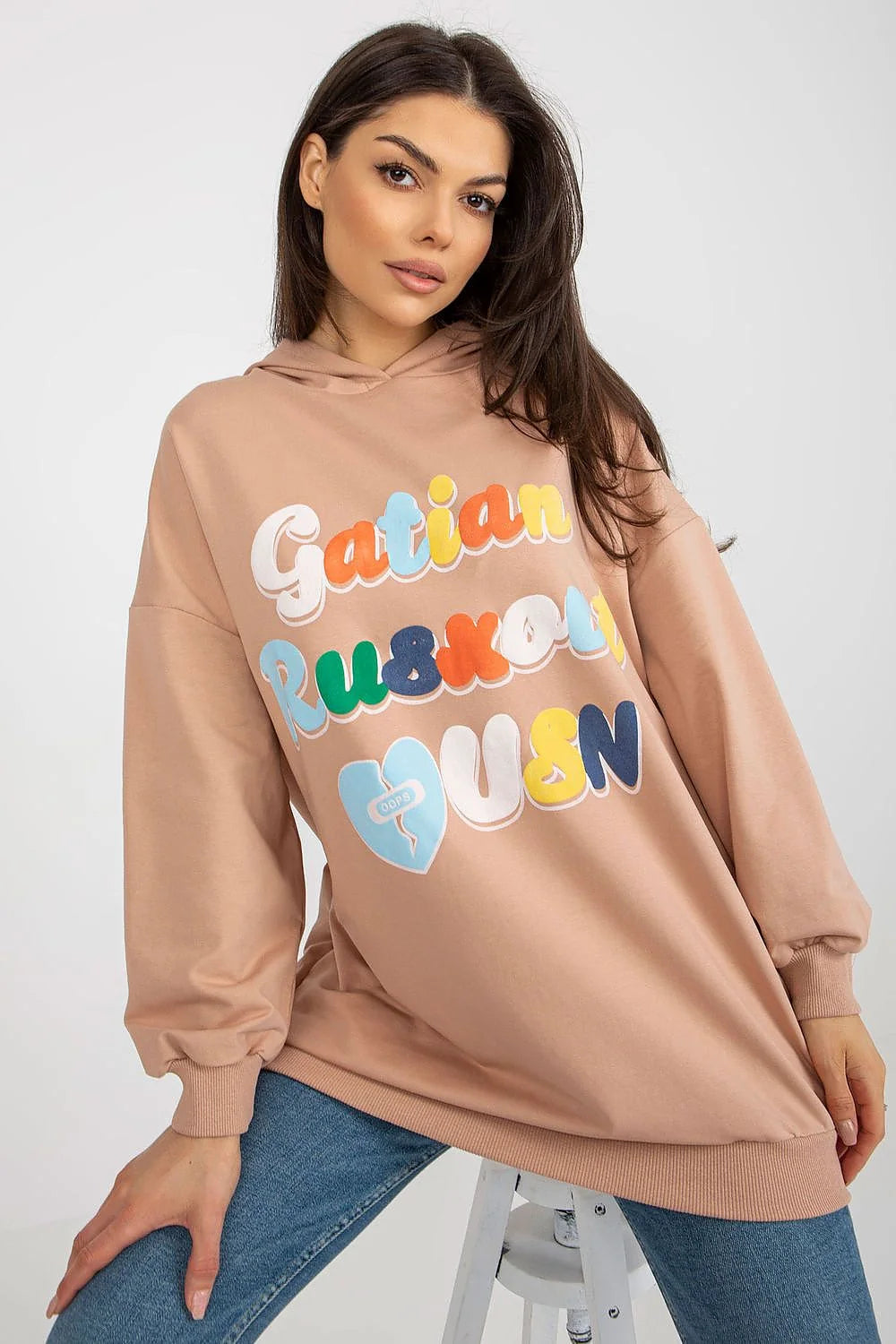 Sweatshirt Fancy femme moderne casual texte graphique coloré beige multicolore ample coudes ourlet coton élasthanne confortable