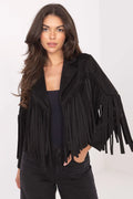 veste femme blazer court cropped suédine noire col tailleur coupe courte taillehanche franges longues volantées manches ouvertes bohème chic légère