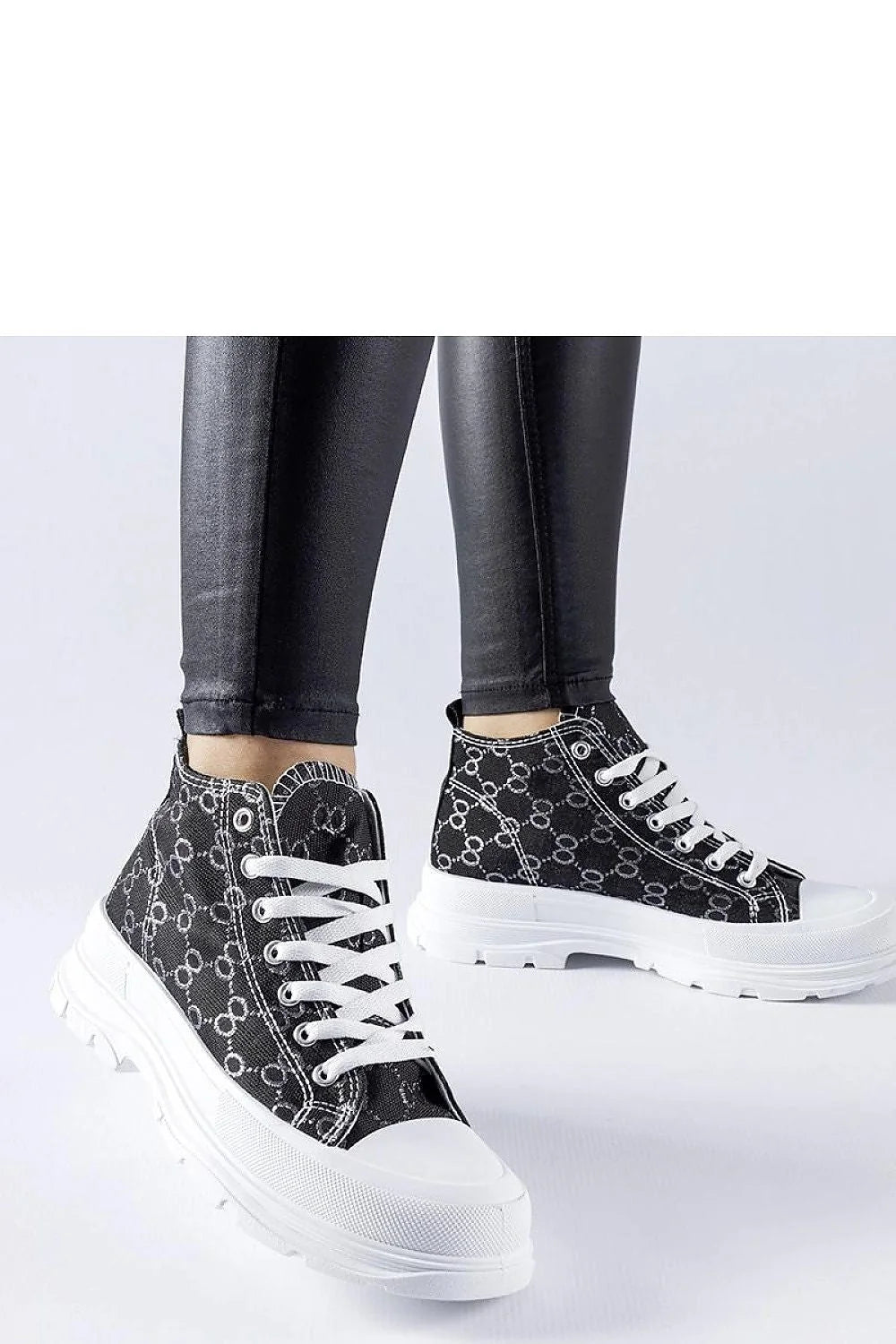 Baskets montantes Solea femme tissu noir motif blanc semelle caoutchouc lacets blancs style casual tendance