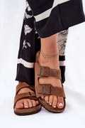 Sandales pour femmes daim naturel design décontracté élégant boucles métal bronze semelle liège confort