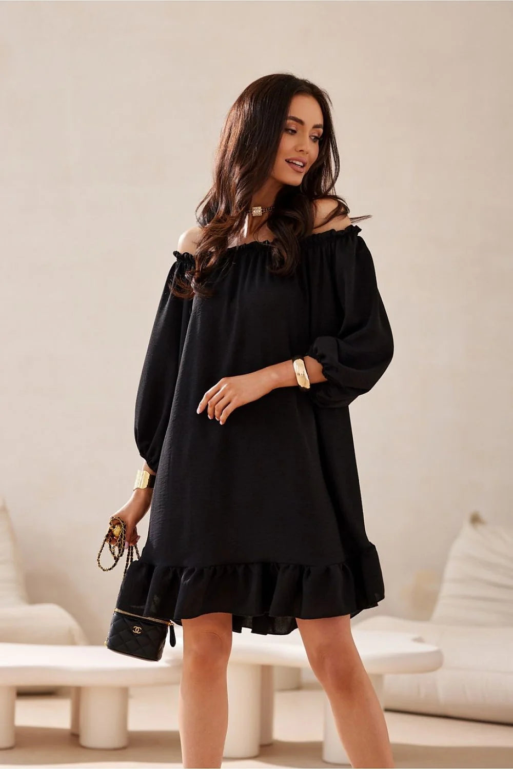 Robe de jour élégante Roco Fashion Giulia robe à épaules dénudées manches bouffantes 3/4 tissu délicat femme