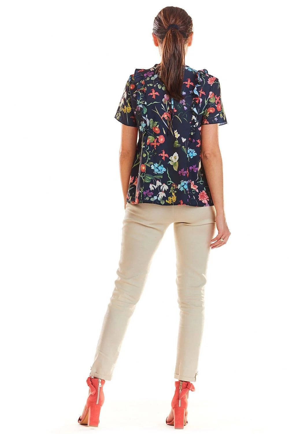 Blouse en polyester romantique avec motifs floraux multicolores, volants élégants pour toutes occasions féminines