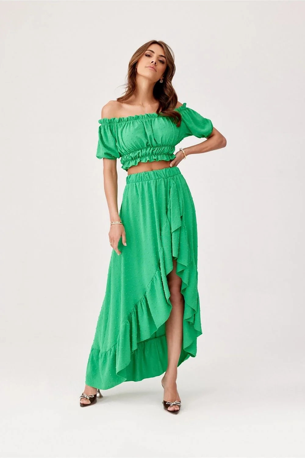 Ensemble Roco Fashion féminin summer cropped top asymmetrical skirt vert pois blancs bohemian style vêtements