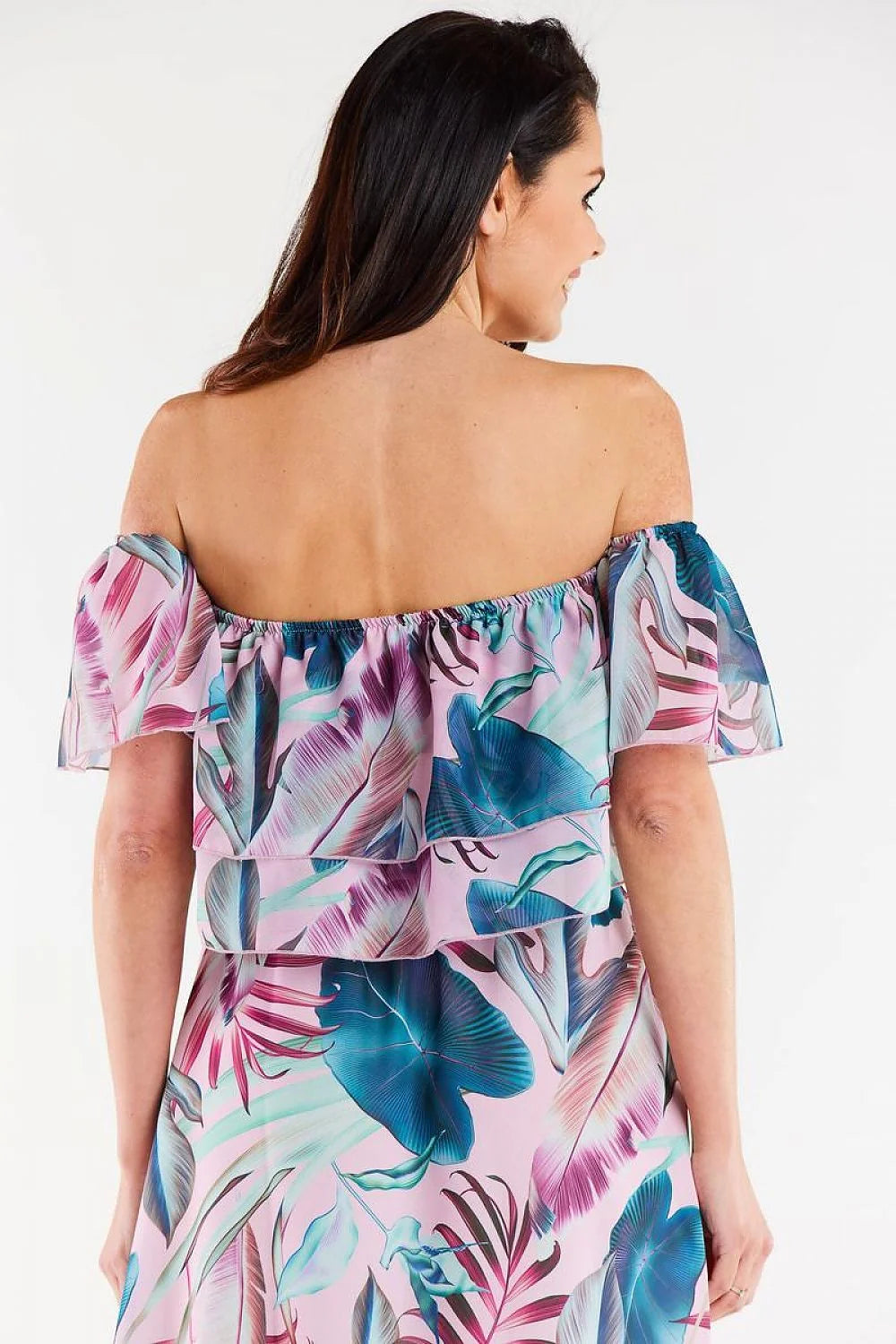 Robe d'été femme élégante colorée design tropical off-shoulder manches courtes tissu léger fluide élastique neckline ajustable