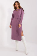 Robe de jour élégante Lakerta coupe droite manches longues encolure ronde ceinture tissu côtelé femme