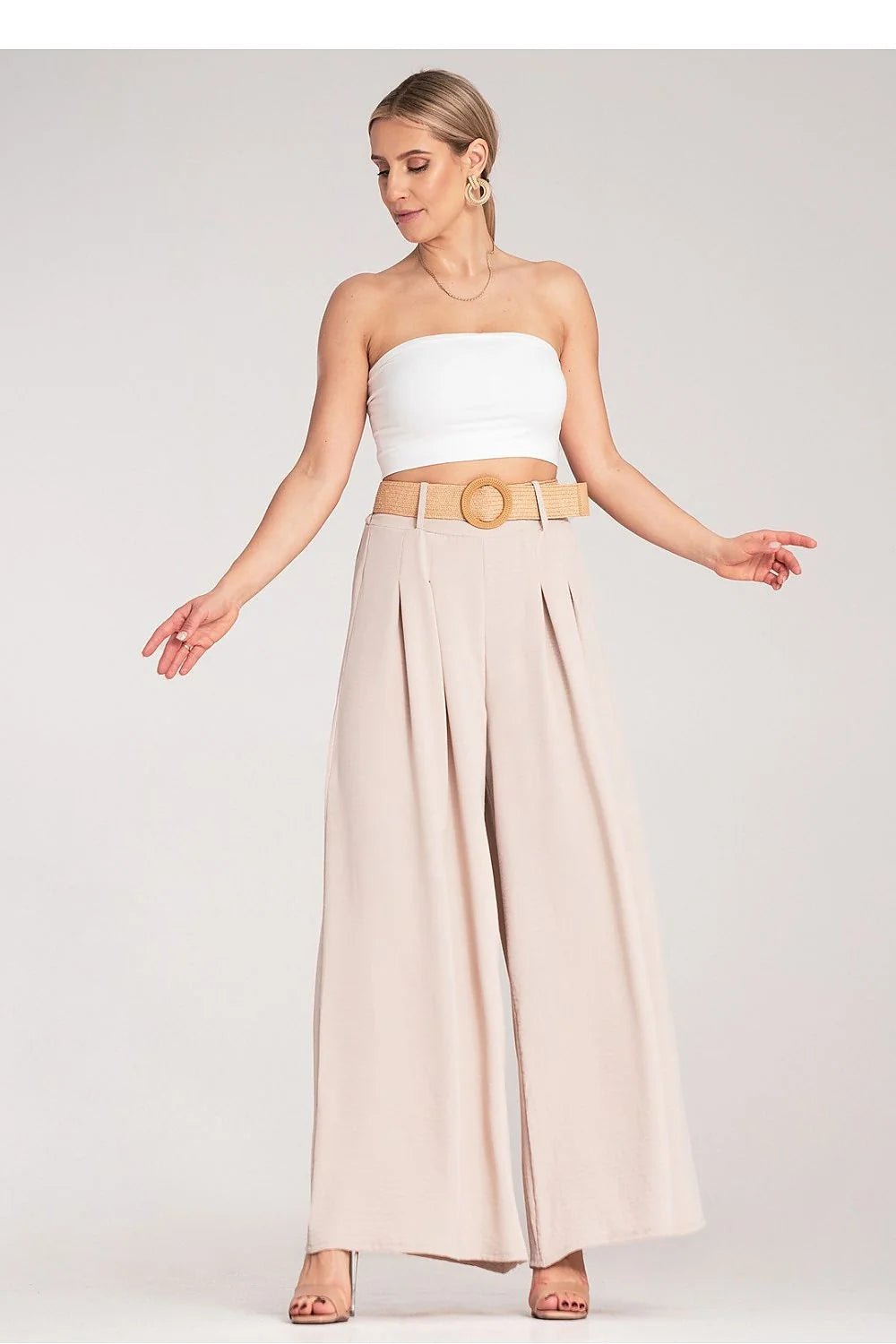 Pantalon femme Figl large taille haute ceinture tressée polyester 100% élégance moderne style casual occasion semi-formelle