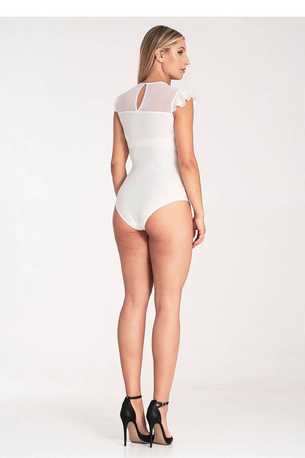 Body féminin élégant manches courtes volants en maille transparente Polyester Élasthanne taille ajustable pour femme