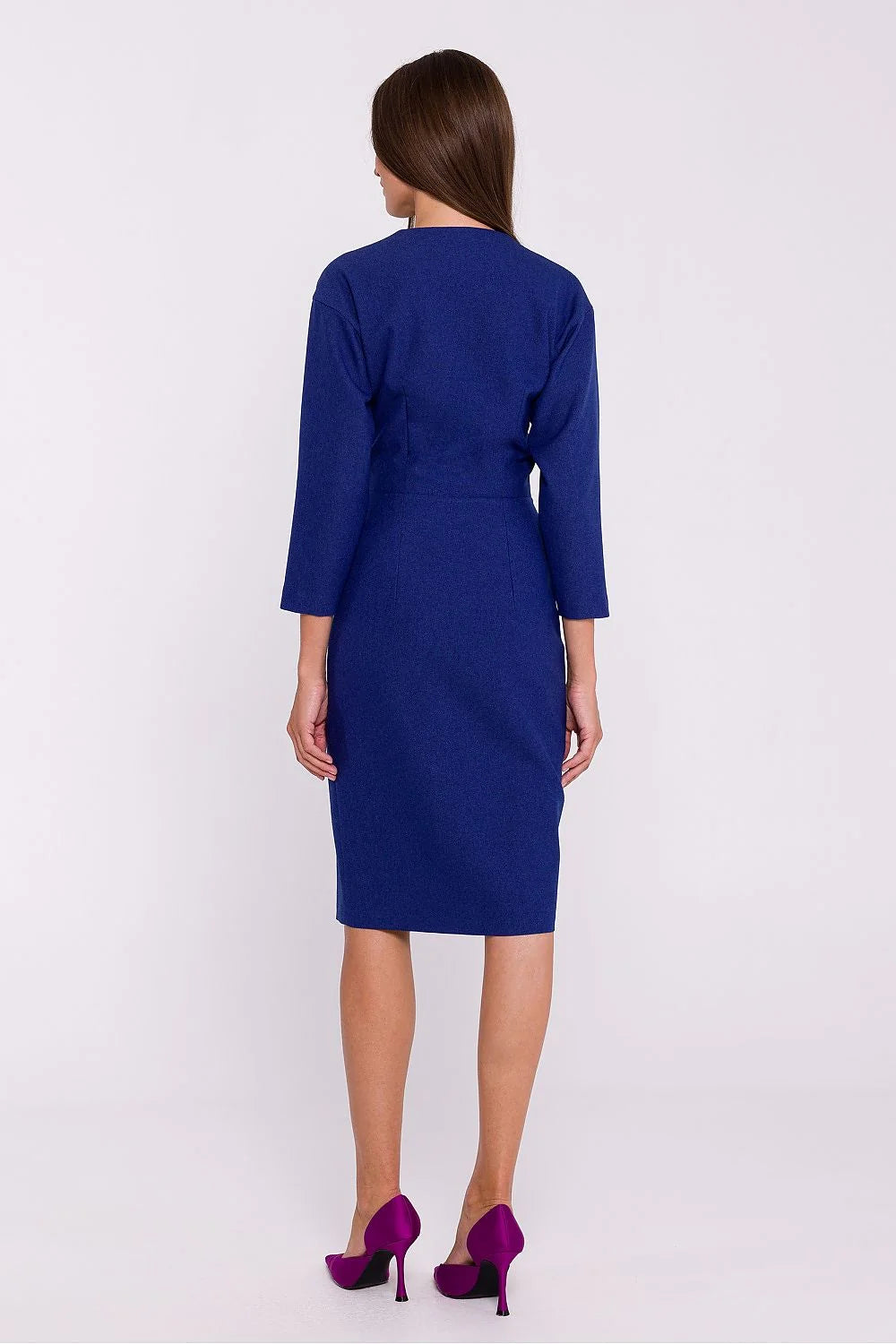 Robe de jour Stylove élégante bleu roi col V croisé manches longues évasées taille ajustée fente avant midi longueur femme