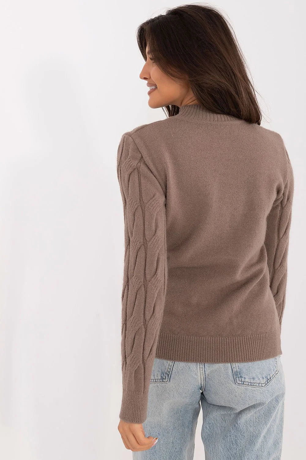 Pull pour femme col rond motifs torsades brun taupe matériau tricot épais manches longues ajusté