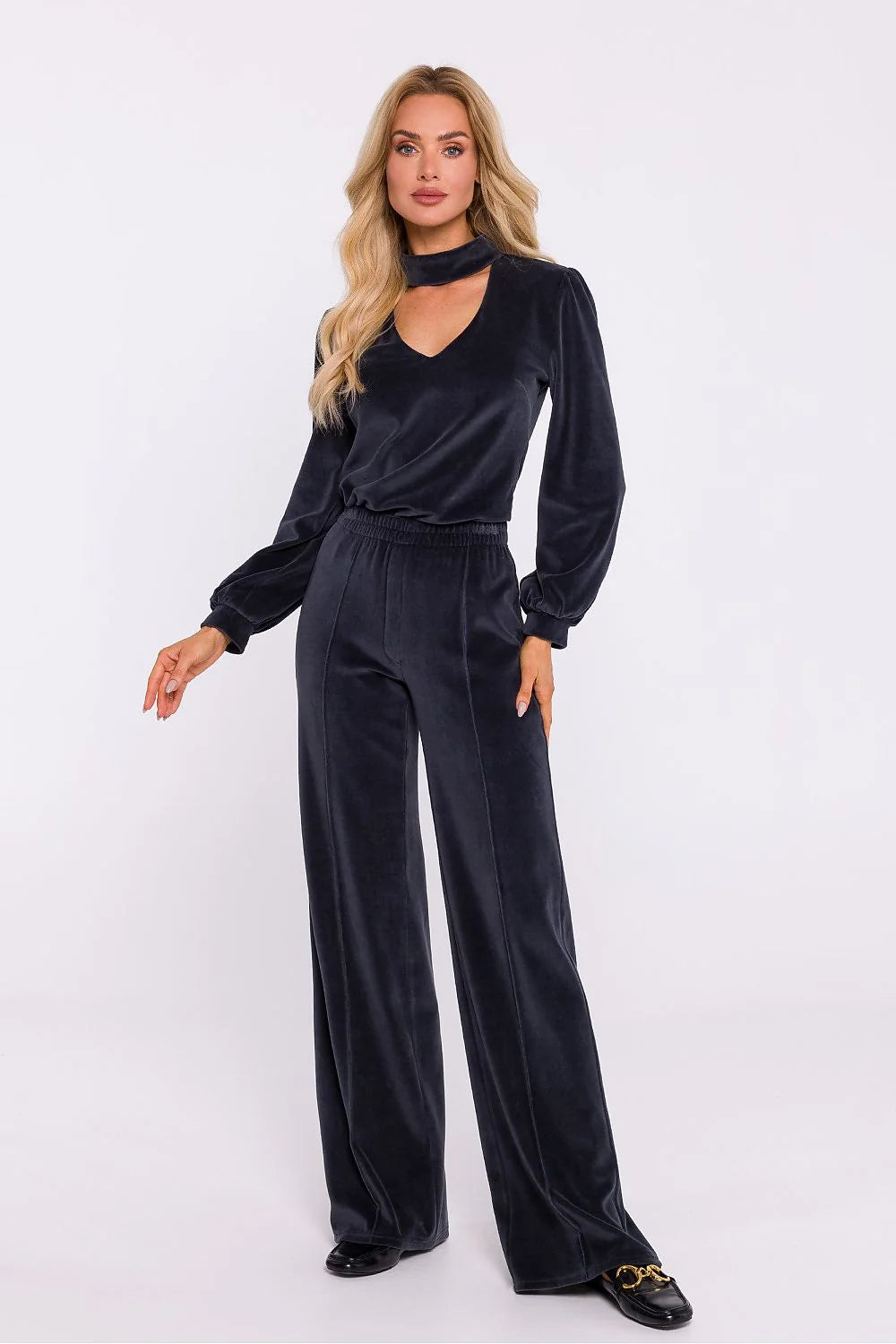 Pantalon femme Moe velours maille douce coupe large ceinture élastiquée surpiqûres décoratives style élégant confortable