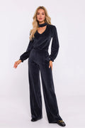 Pantalon femme Moe velours maille douce coupe large ceinture élastiquée surpiqûres décoratives style élégant confortable