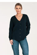 chemise femme manches longues col V sans col fluide polyester elastane noir bleu marine coupe droite légèrement ample