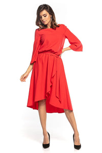 Robe femme polyester élasthanne élégante moderne rouge asymétrique manches longues ceinture intégrée chic événement