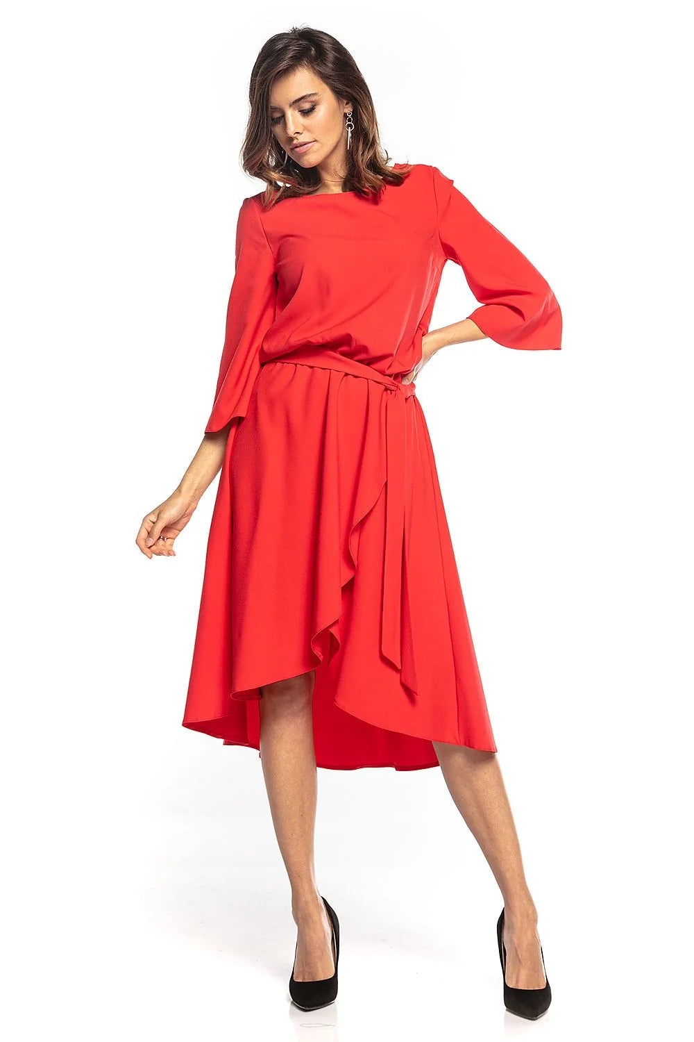 Robe femme polyester élasthanne élégante moderne rouge asymétrique manches longues ceinture intégrée chic événement
