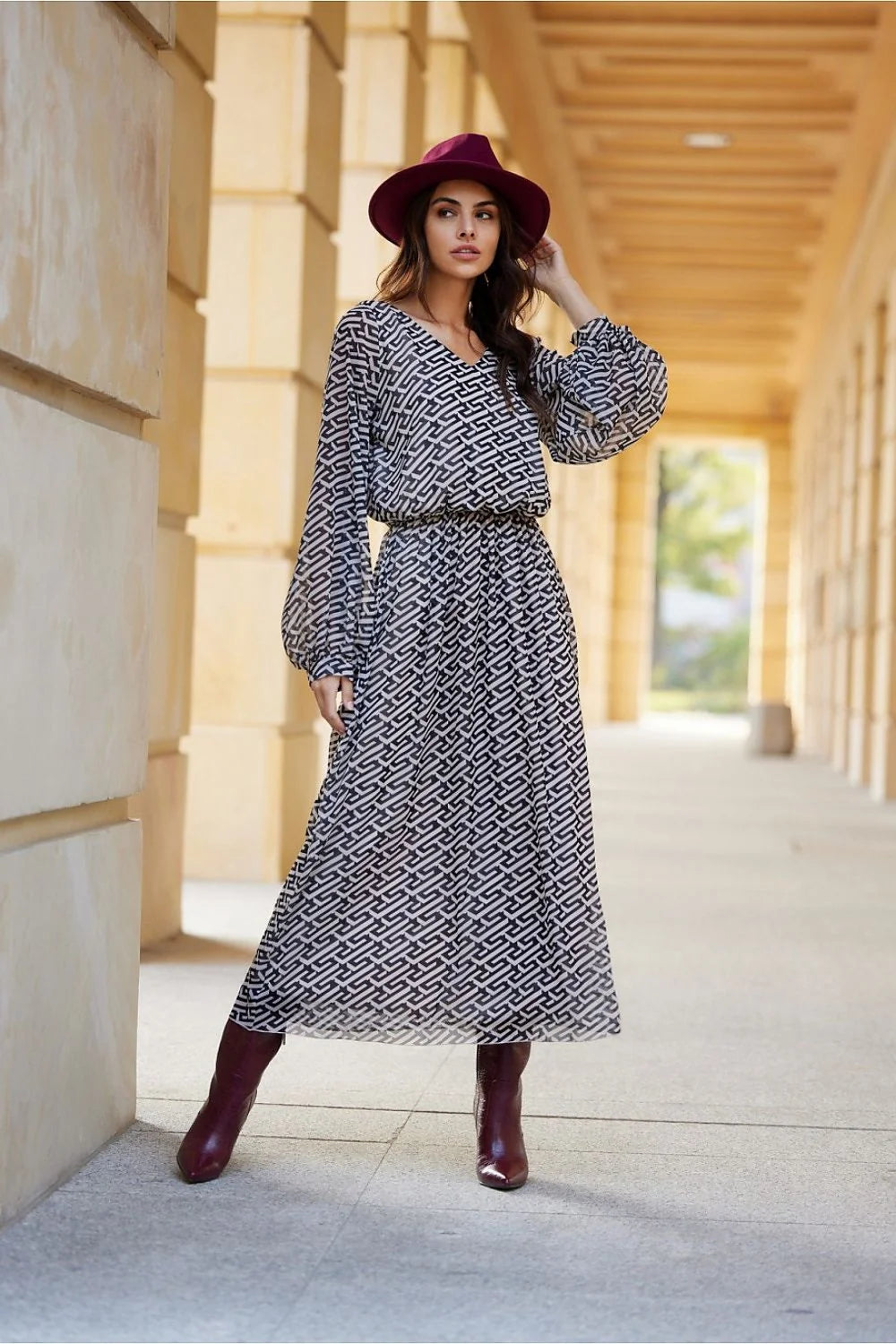 Robe de jour Roco Fashion longue imprimé géométrique noir et blanc manches longues élastique taille femme mode