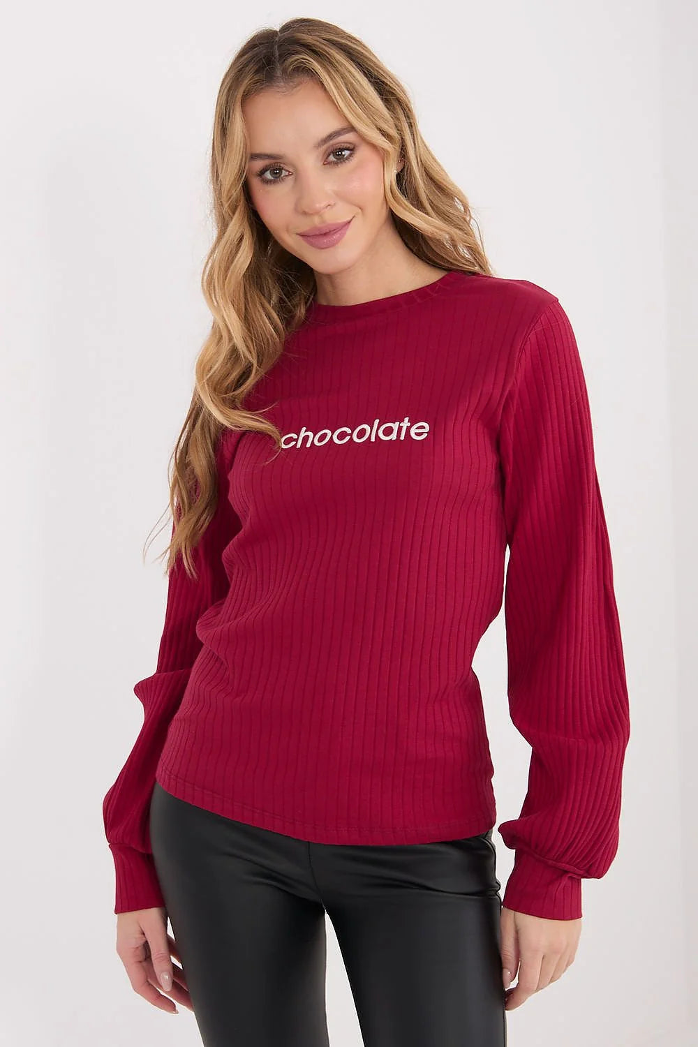 chemisier femme décontracté rayures larges coton stretch broderie logo imprimé blanc bordeaux col rond manches longues bouffantes poignets resserrés ajustée