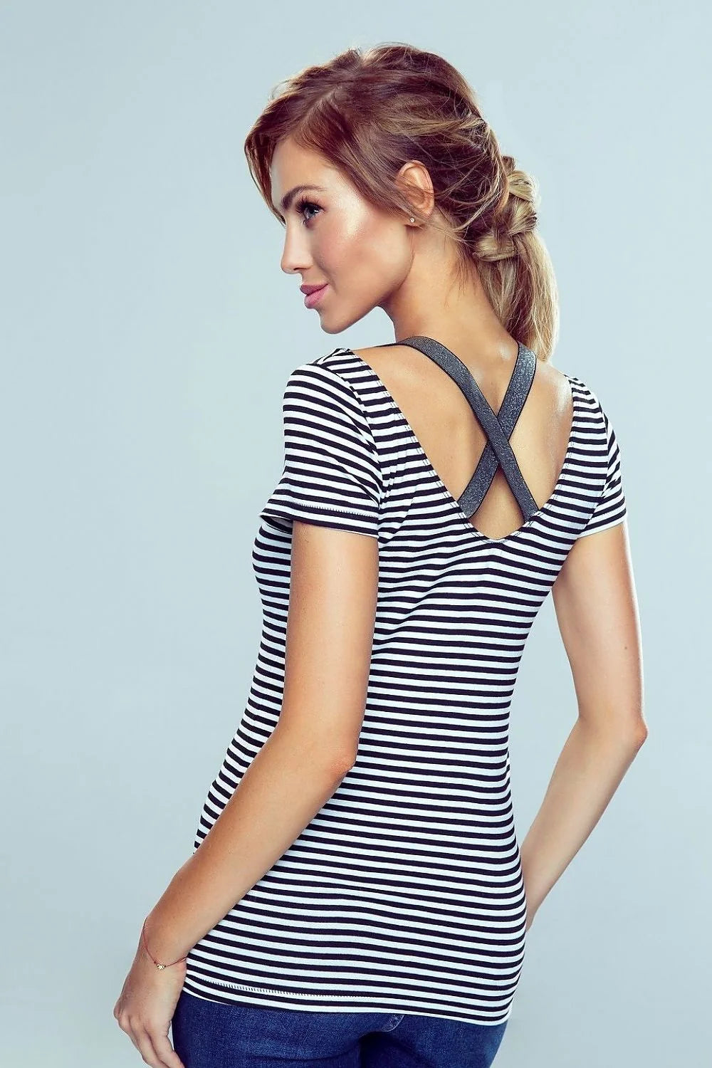 Chemisier pour femme élégant rayures noires et blanches bretelles scintillantes manches courtes tissu doux coton elasthanne ajusté