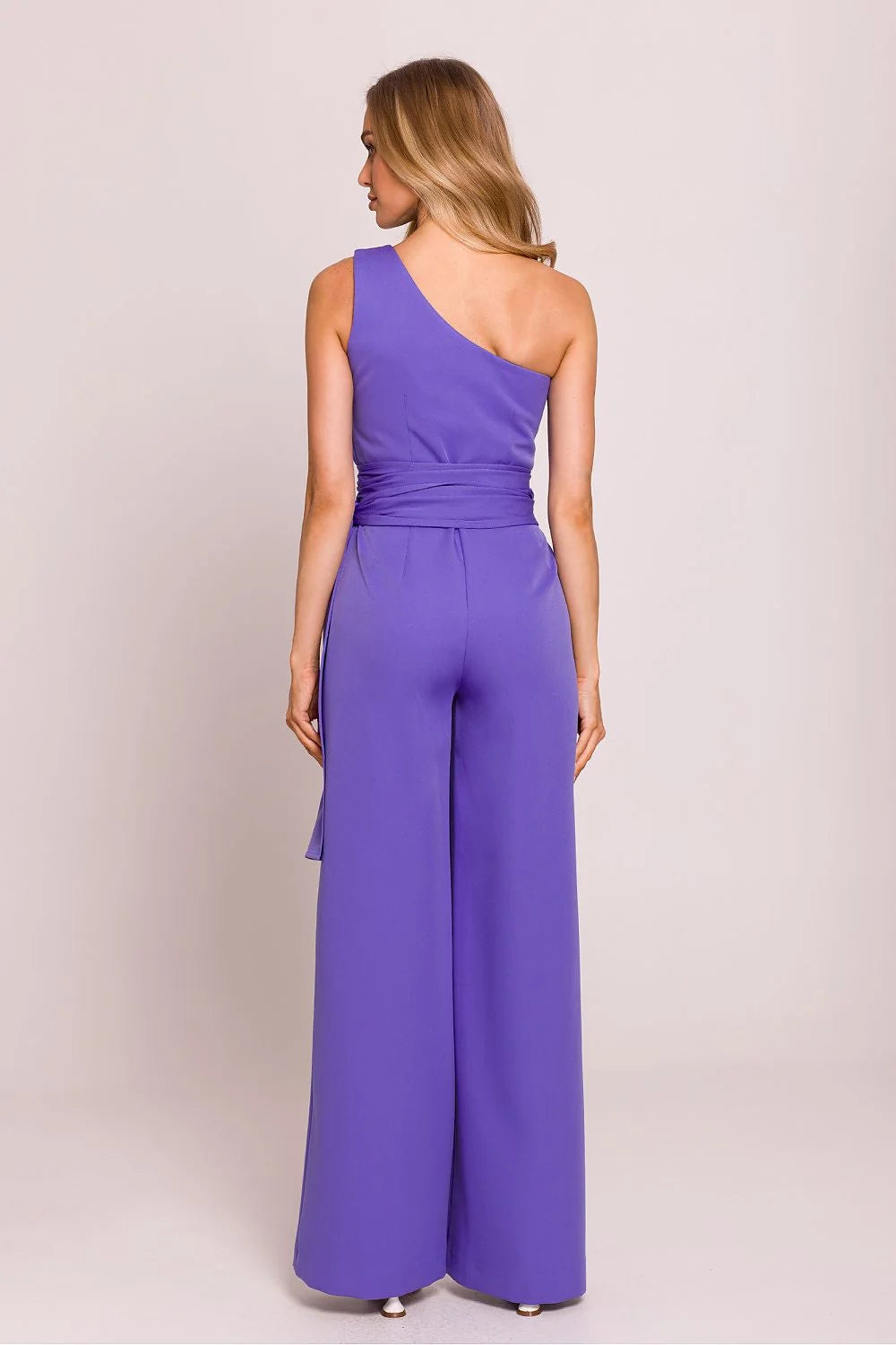 Combinaison asymétrique pour femme élégante violet modern coupe cintrée large jambes sans manches ceinture assortie