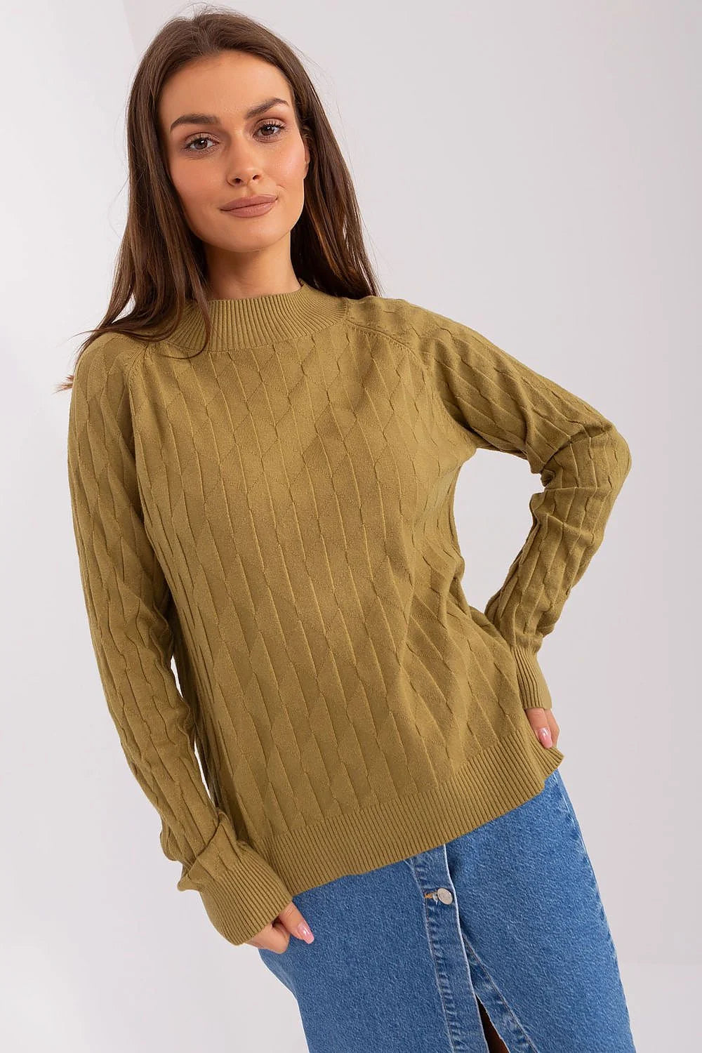 Pull femme élégant kaki motif losanges manches longues col rond coton laine style intemporel confort