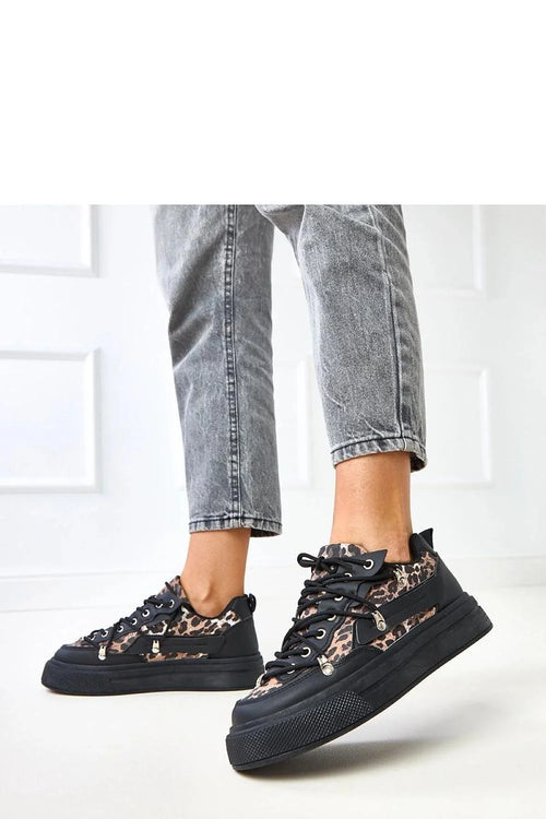baskets basses femme lacets bout rond plateforme 4cm semelle épaisse noire empeigne cuir synthétique imprimé léopard marron col rembourré chunky