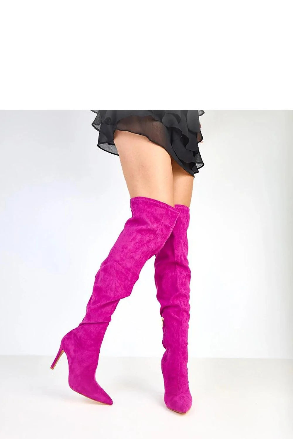 cuissardes femme velours suédé fuchsia bout pointu talon aiguille élancé sexy froncé fermeture éclair intérieure tirette dorée semelle fine soirée