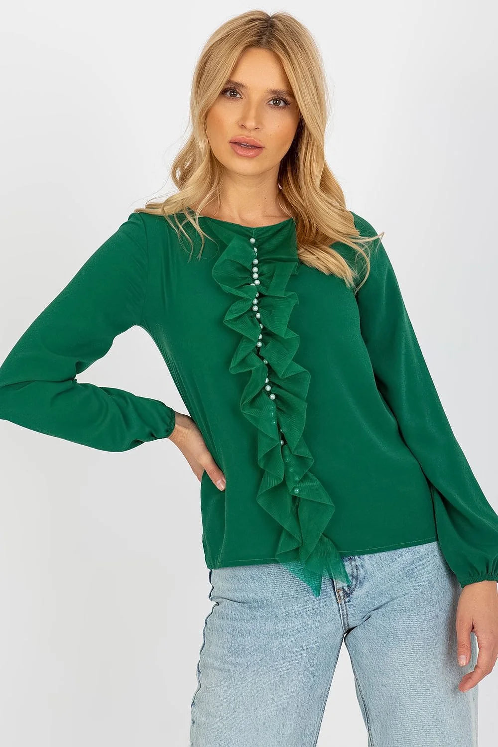 Chemisier Lakerta élégant pour femme en vert riche manches longues encolure ronde volants perlés